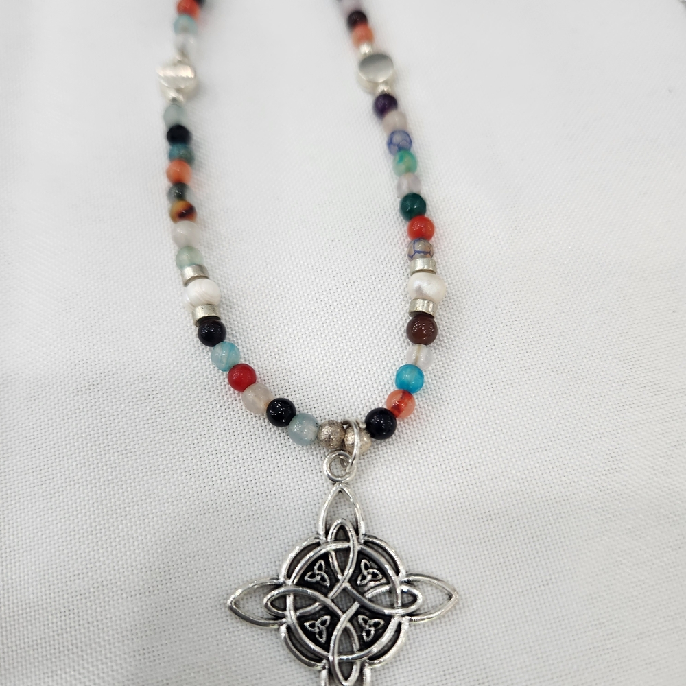 Multicolor Beaded Necklace with Silver Pendant and Freshwater Pearls
